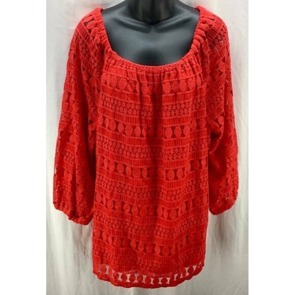 Adiva Plus Top 1X Red Lace 3/4 Sleeve Scoop New - Picture 1 of 7